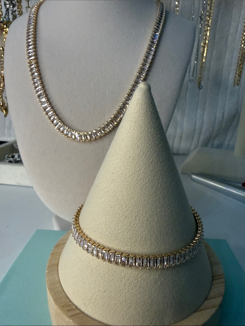 Gold CZ Baguette Tennis Necklace and Bracelet Set - Stamped